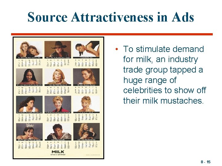 Source Attractiveness in Ads • To stimulate demand for milk, an industry trade group