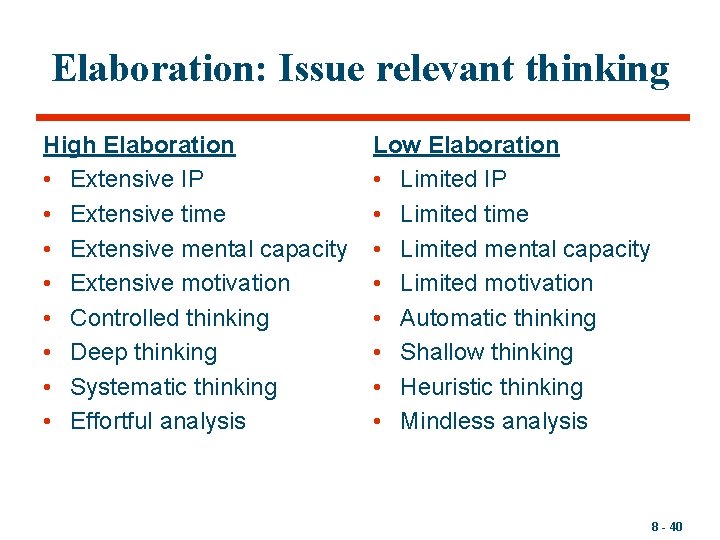 Elaboration: Issue relevant thinking High Elaboration • Extensive IP • Extensive time • Extensive