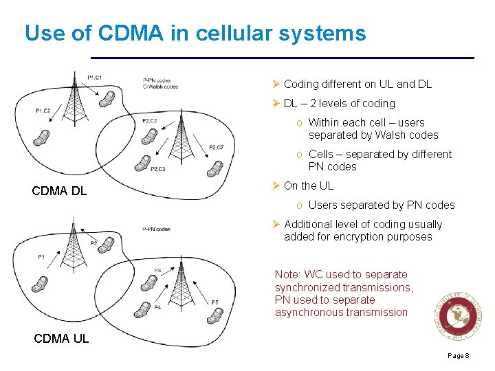 Use of CDMA in cellular systems Ø Coding different on UL and DL Ø