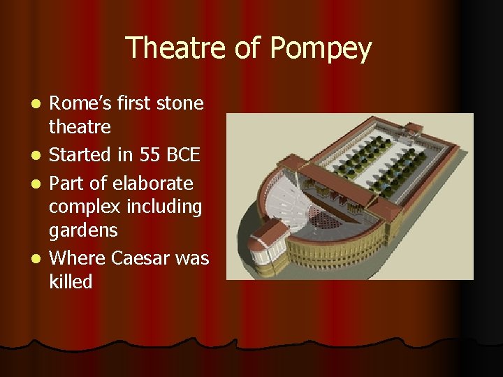 Theatre of Pompey l l Rome’s first stone theatre Started in 55 BCE Part