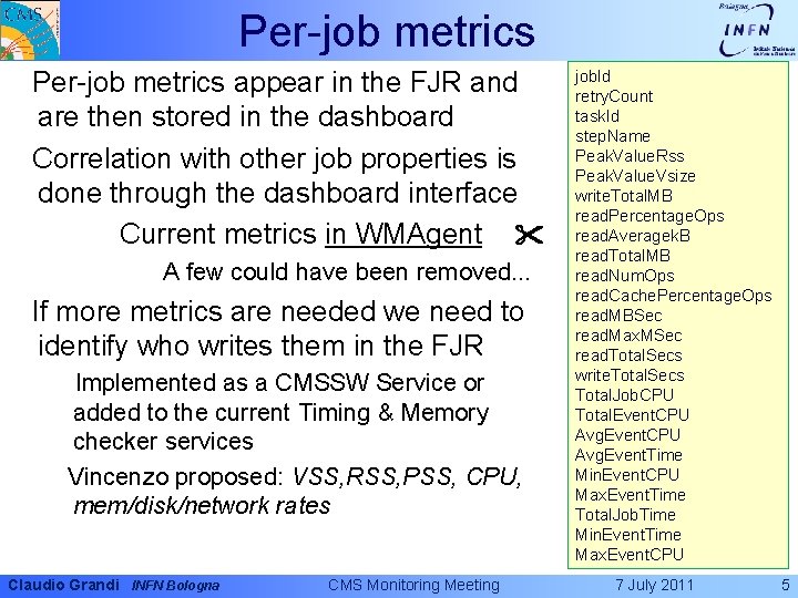 Per-job metrics appear in the FJR and are then stored in the dashboard Correlation