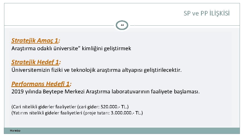 SP ve PP İLİŞKİSİ 44 Stratejik Amaç 1: Araştırma odaklı üniversite” kimliğini geliştirmek Stratejik