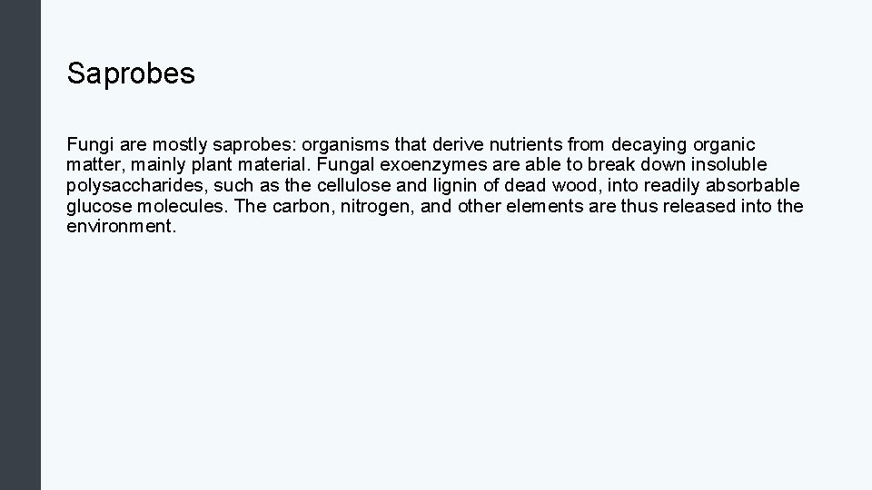 Saprobes Fungi are mostly saprobes: organisms that derive nutrients from decaying organic matter, mainly