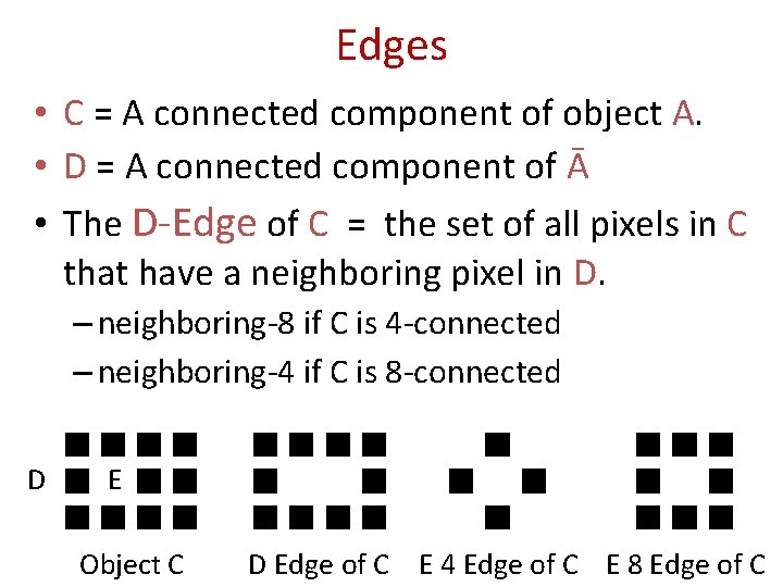 Edges • C = A connected component of object A. • D = A