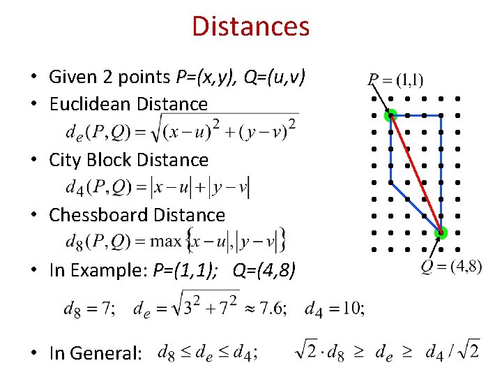 Distances • Given 2 points P=(x, y), Q=(u, v) • Euclidean Distance • City