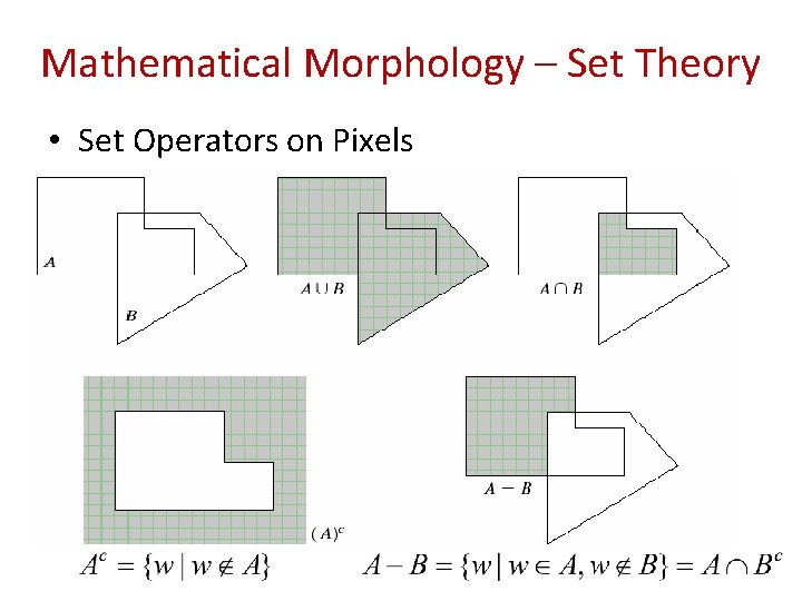 Mathematical Morphology – Set Theory • Set Operators on Pixels Mathematical Morphology – Set Theory • Set Operators on Pixels