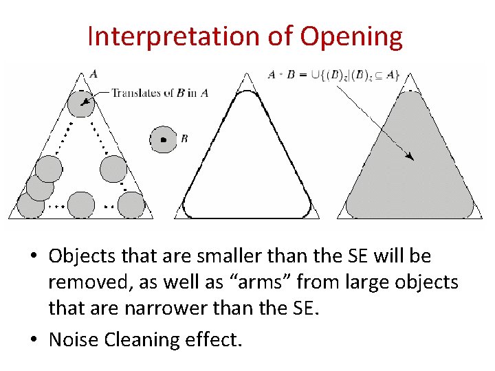 Interpretation of Opening • Objects that are smaller than the SE will be removed, Interpretation of Opening • Objects that are smaller than the SE will be removed,