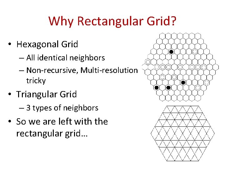 Why Rectangular Grid? • Hexagonal Grid – All identical neighbors – Non-recursive, Multi-resolution tricky