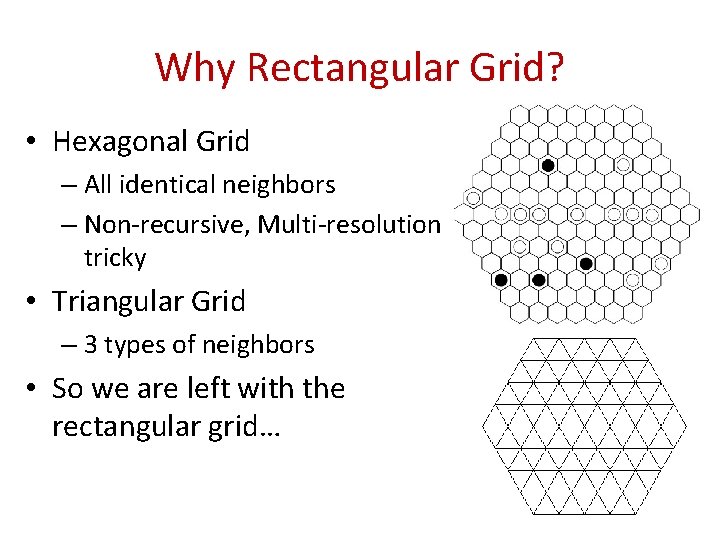Why Rectangular Grid? • Hexagonal Grid – All identical neighbors – Non-recursive, Multi-resolution tricky Why Rectangular Grid? • Hexagonal Grid – All identical neighbors – Non-recursive, Multi-resolution tricky