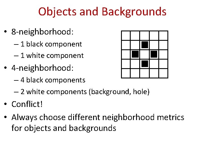 Objects and Backgrounds • 8 -neighborhood: – 1 black component – 1 white component Objects and Backgrounds • 8 -neighborhood: – 1 black component – 1 white component