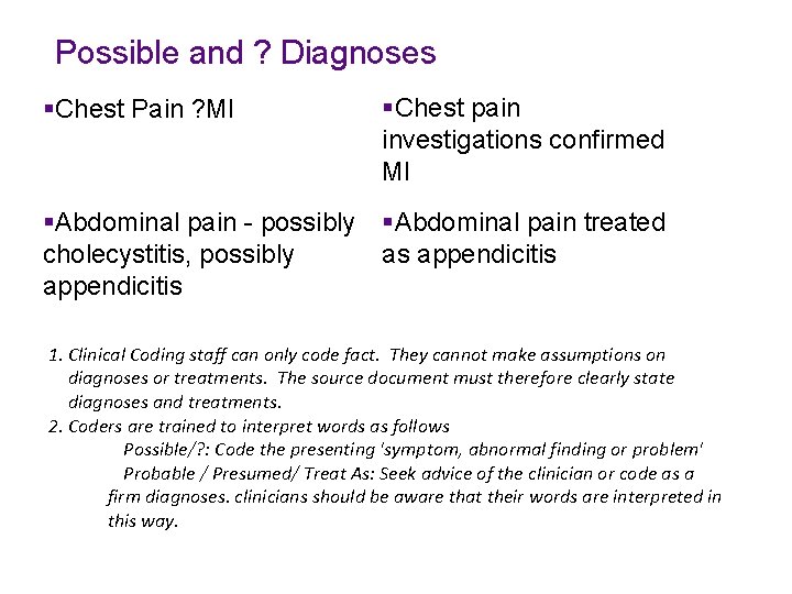 Possible and ? Diagnoses §Chest Pain ? MI §Chest pain investigations confirmed MI §Abdominal