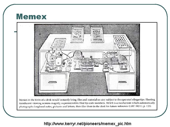 Memex http: //www. kerryr. net/pioneers/memex_pic. htm 