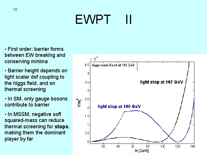 10 EWPT II • First order: barrier forms between EW breaking and conserving minima