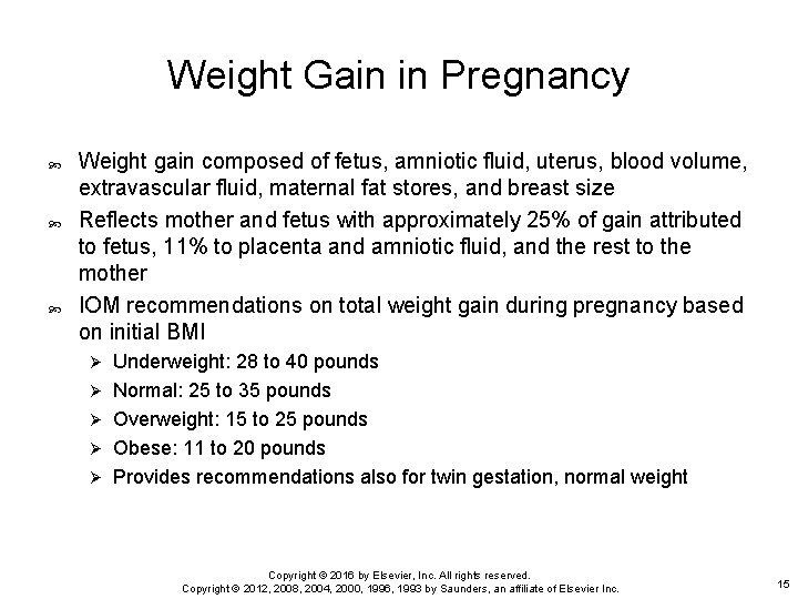 Weight Gain in Pregnancy Weight gain composed of fetus, amniotic fluid, uterus, blood volume,