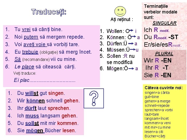 Traduceți: Ați reținut : 1. 2. 3. 4. 5. 6. Tu vrei să cânți