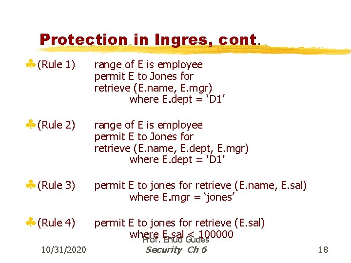 Protection in Ingres, cont. § (Rule 1) § (Rule 2) § (Rule 3) §