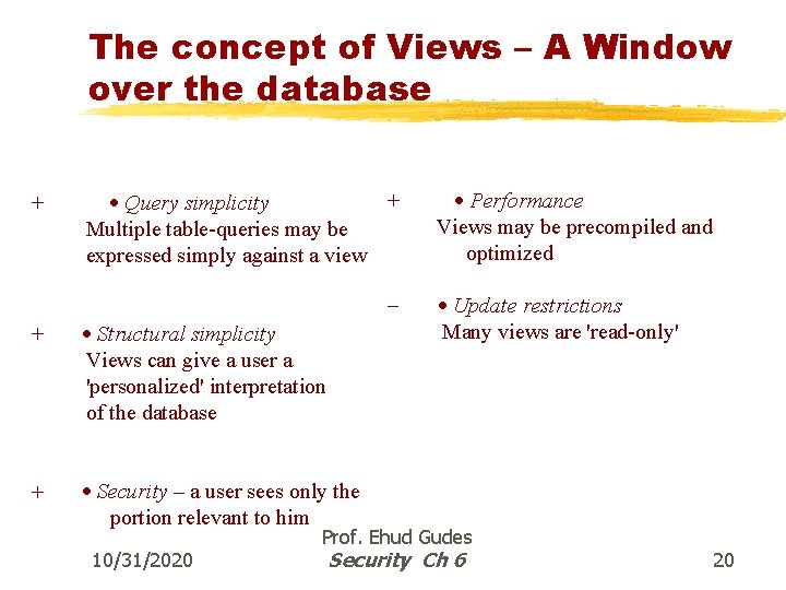 The concept of Views – A Window over the database + + · Query