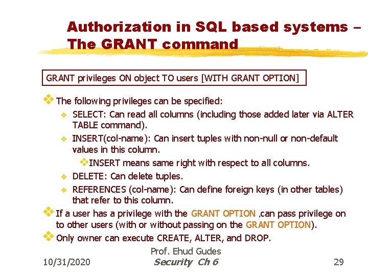 Authorization in SQL based systems – The GRANT command GRANT privileges ON object TO