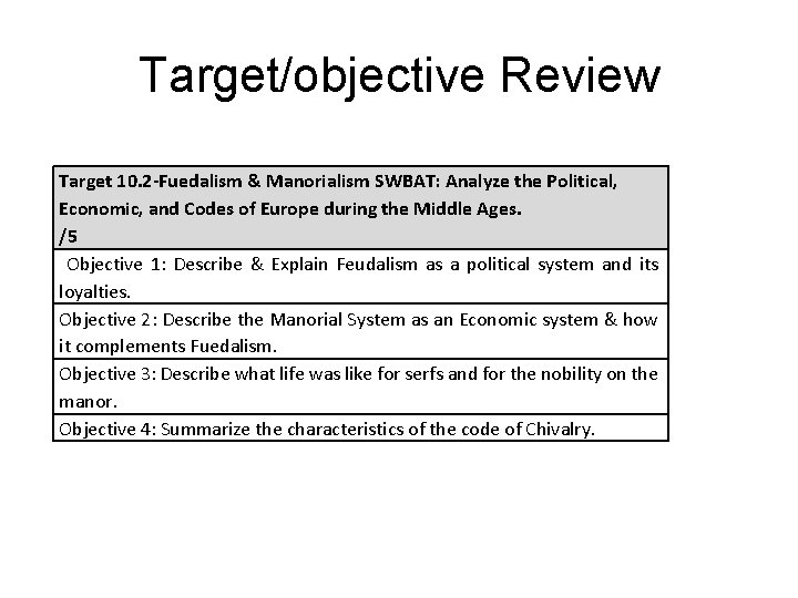 Target/objective Review Target 10. 2 -Fuedalism & Manorialism SWBAT: Analyze the Political, Economic, and