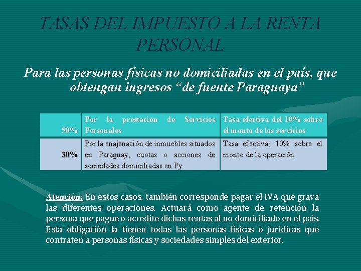 TASAS DEL IMPUESTO A LA RENTA PERSONAL Para las personas físicas no domiciliadas en