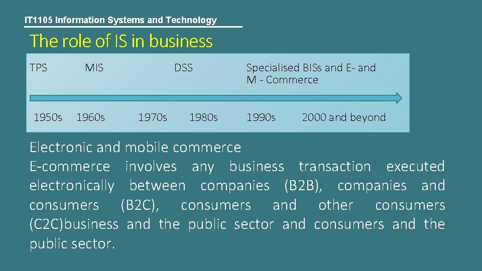 IT 1105 Information Systems and Technology The role of IS in business TPS 1950