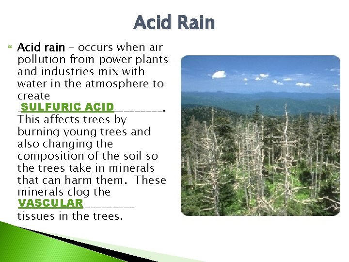 Acid Rain Acid rain – occurs when air pollution from power plants and industries