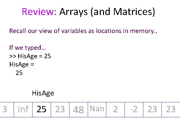 Review: Arrays (and Matrices) Recall our view of variables as locations in memory. .