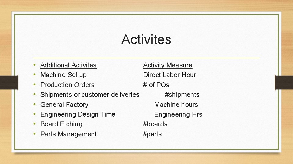 Activites • • Additional Activites Machine Set up Production Orders Shipments or customer deliveries