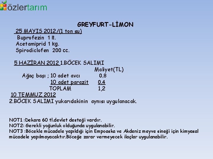 GREYFURT-LİMON 25 MAYIS 2012/(1 ton su) Buprofezin 1 lt. Acetamiprid 1 kg. Spirodiclofen 200