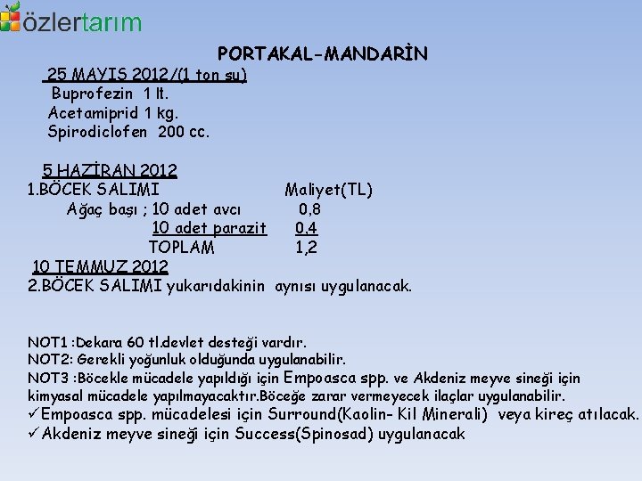 PORTAKAL-MANDARİN 25 MAYIS 2012/(1 ton su) Buprofezin 1 lt. Acetamiprid 1 kg. Spirodiclofen 200