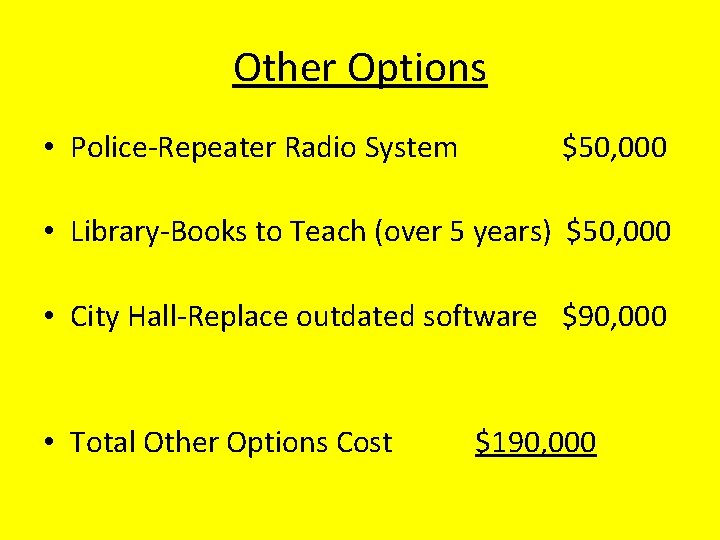 Other Options • Police-Repeater Radio System $50, 000 • Library-Books to Teach (over 5