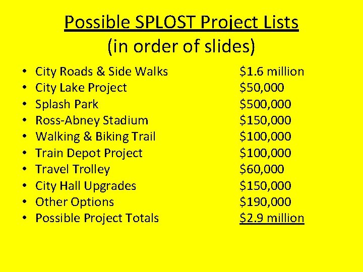 Possible SPLOST Project Lists (in order of slides) • • • City Roads &