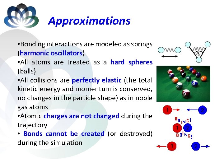 Approximations • Bonding interactions are modeled as springs (harmonic oscillators) • All atoms are