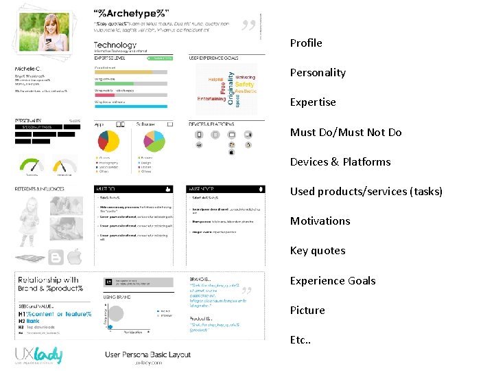 Profile Personality Expertise Must Do/Must Not Do Devices & Platforms Used products/services (tasks) Motivations