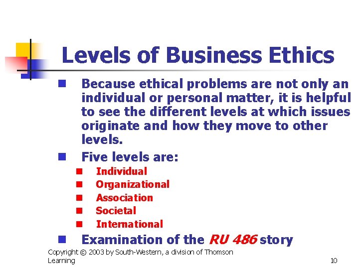 Levels of Business Ethics n n Because ethical problems are not only an individual