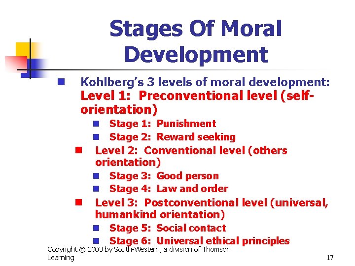 Stages Of Moral Development n Kohlberg’s 3 levels of moral development: Level 1: Preconventional