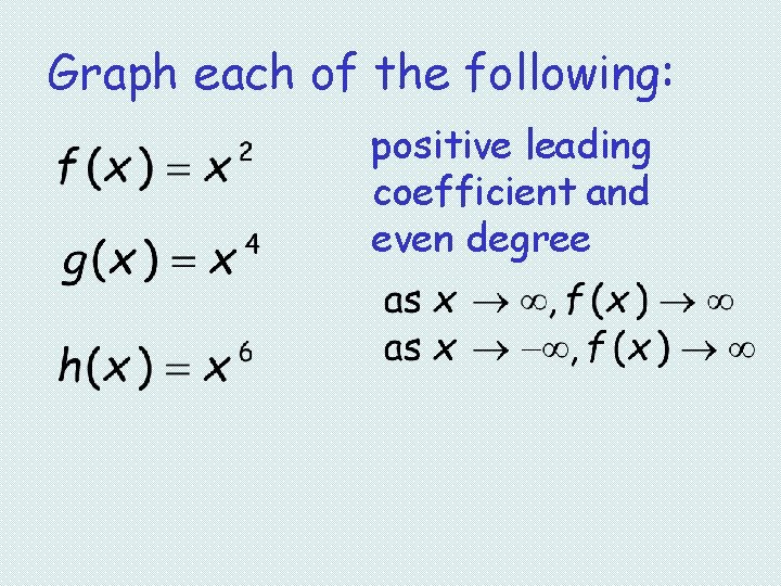 Graph each of the following: positive leading coefficient and even degree 