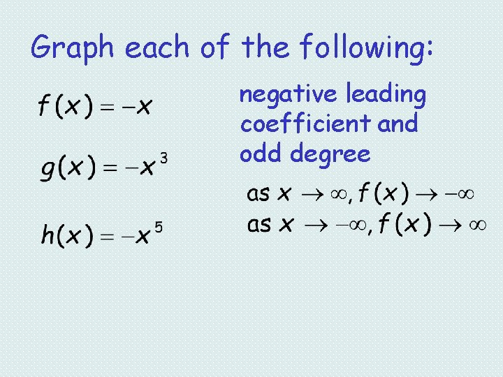 Graph each of the following: negative leading coefficient and odd degree 