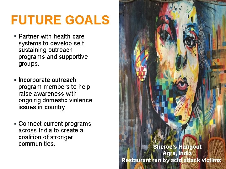 FUTURE GOALS § Partner with health care systems to develop self sustaining outreach programs