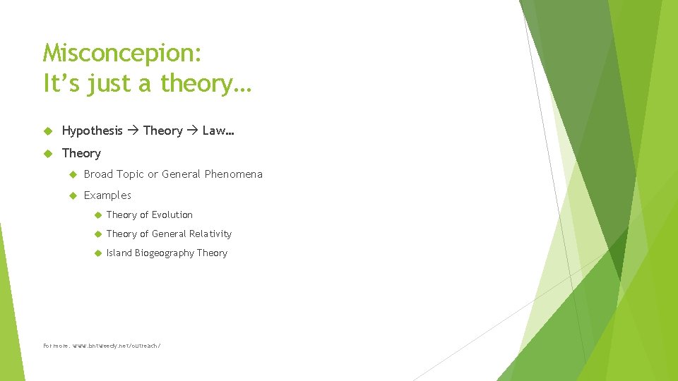 Misconcepion: It’s just a theory… Hypothesis Theory Law… Theory Broad Topic or General Phenomena