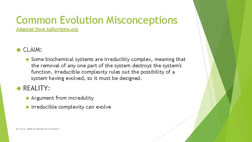 Common Evolution Misconceptions Adapted from talkorigins. org CLAIM: Some biochemical systems are irreducibly complex,