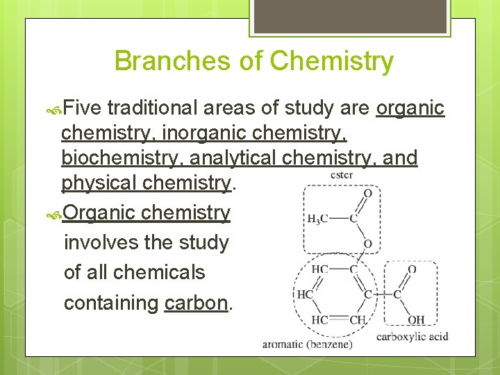 Branches of Chemistry Five traditional areas of study are organic chemistry, inorganic chemistry, biochemistry,