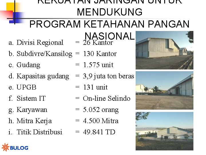 KEKUATAN JARINGAN UNTUK MENDUKUNG PROGRAM KETAHANAN PANGAN NASIONAL a. Divisi Regional = 26 Kantor