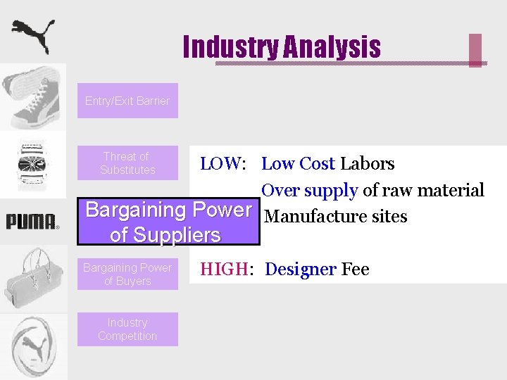 Industry Analysis Entry/Exit Barrier Threat of Substitutes LOW: Low Cost Labors Over supply of