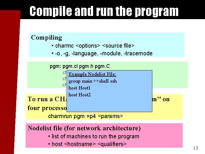 Compile and run the program Compiling • charmc <options> <source file> • -o, -g,