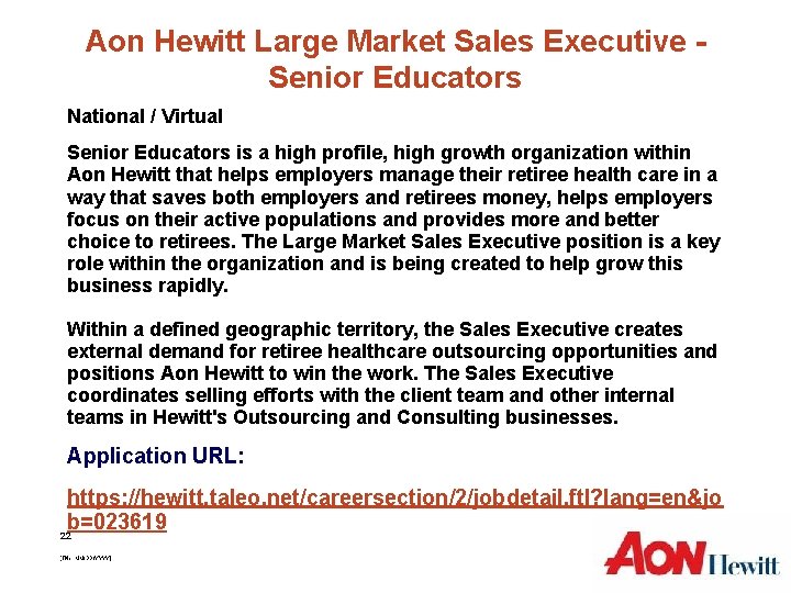 Aon Hewitt Large Market Sales Executive - Senior Educators National / Virtual Senior Educators