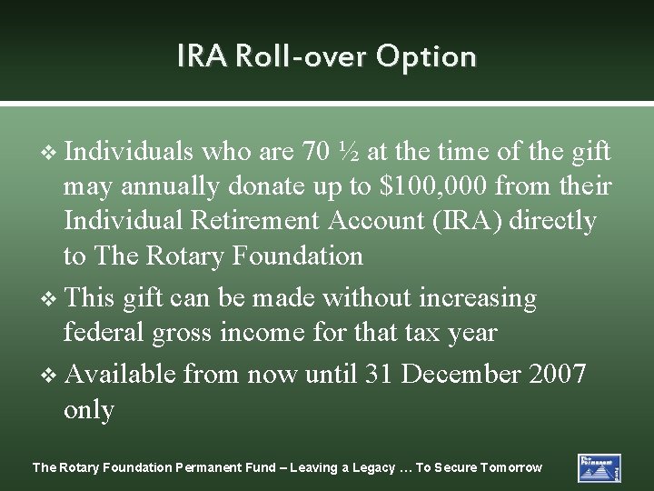 IRA Roll-over Option v Individuals who are 70 ½ at the time of the