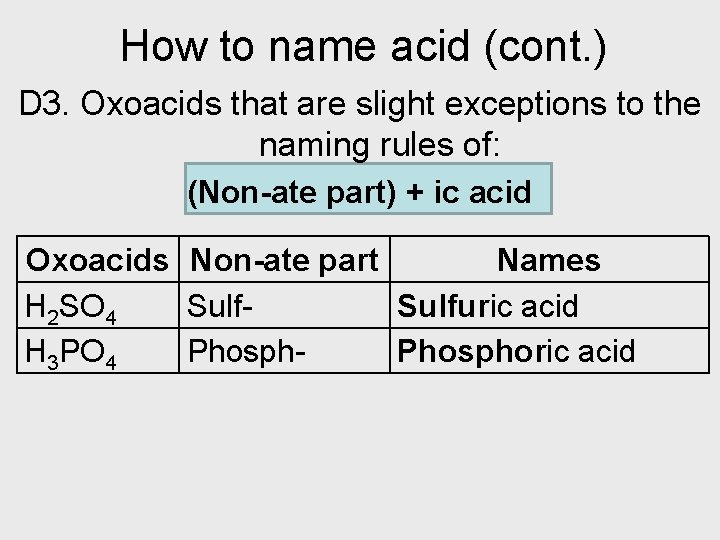 How to name acid (cont. ) D 3. Oxoacids that are slight exceptions to