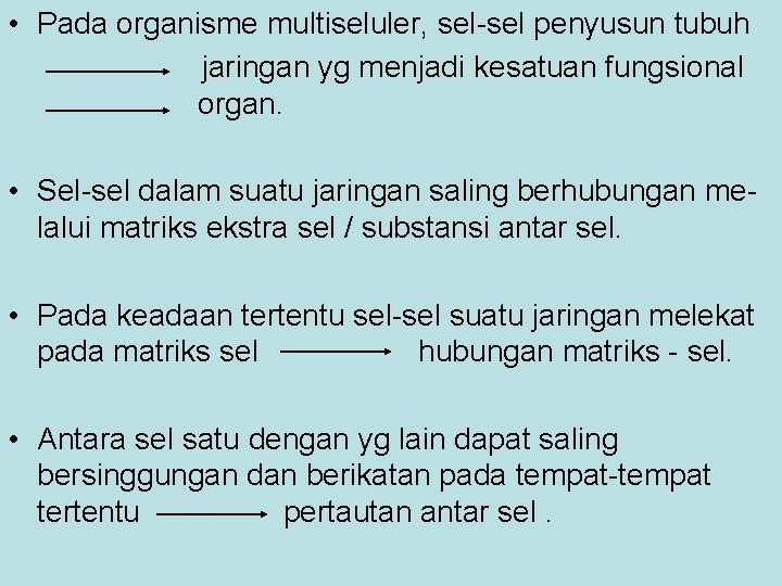  • Pada organisme multiseluler, sel-sel penyusun tubuh jaringan yg menjadi kesatuan fungsional organ.