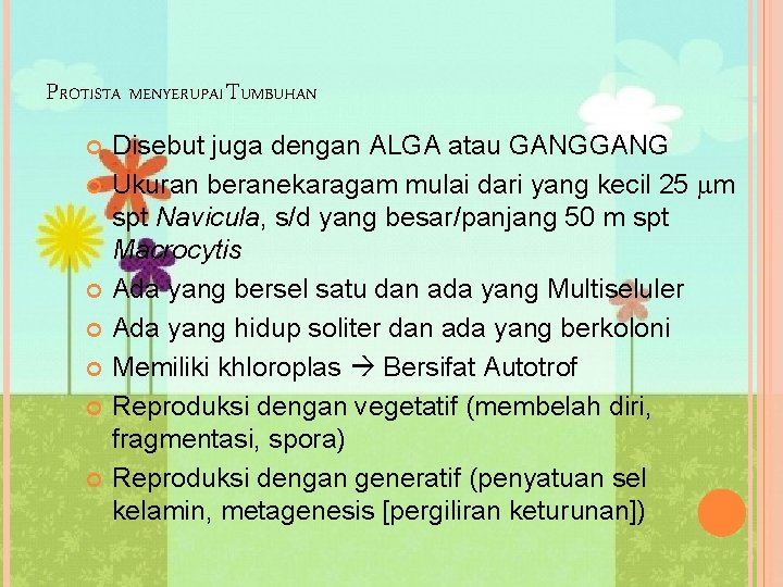 PROTISTA MENYERUPAI TUMBUHAN Disebut juga dengan ALGA atau GANG Ukuran beranekaragam mulai dari yang